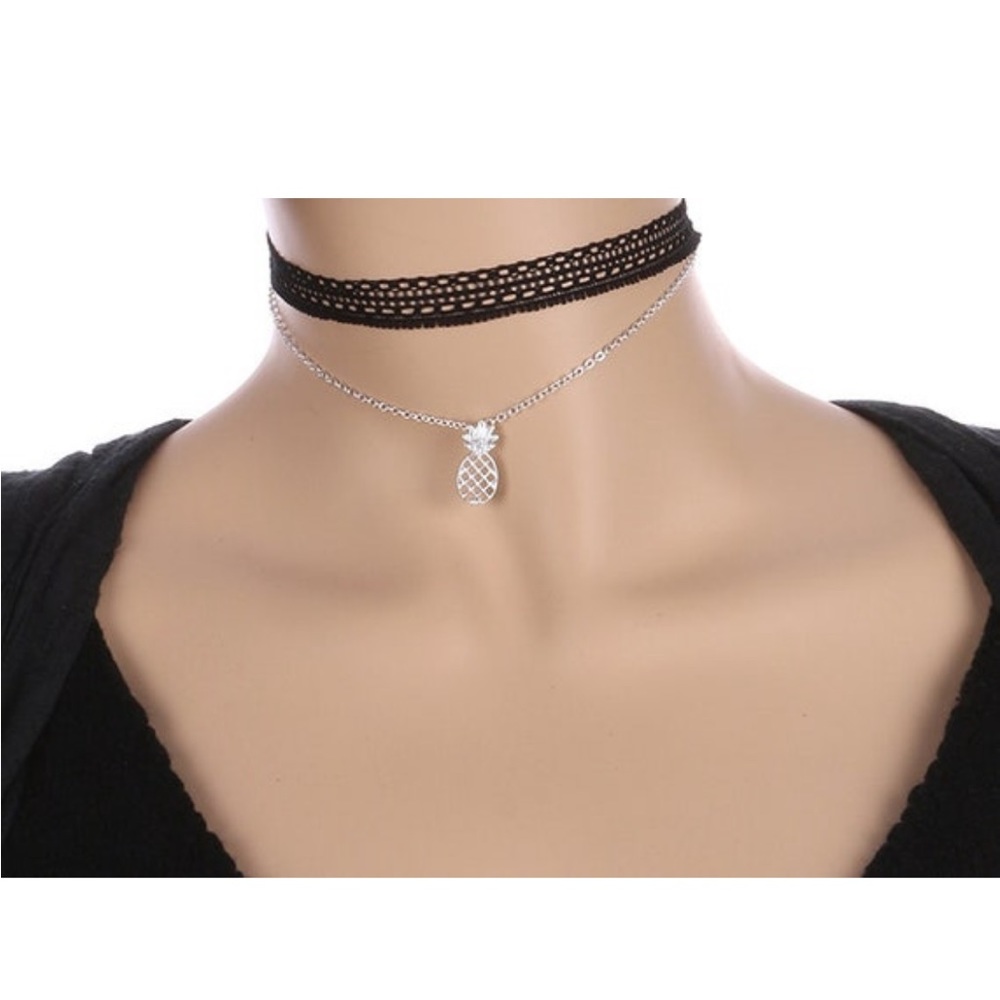 🌴3/$10 - Pineapple Metal Charm Fabric Choker Necklace